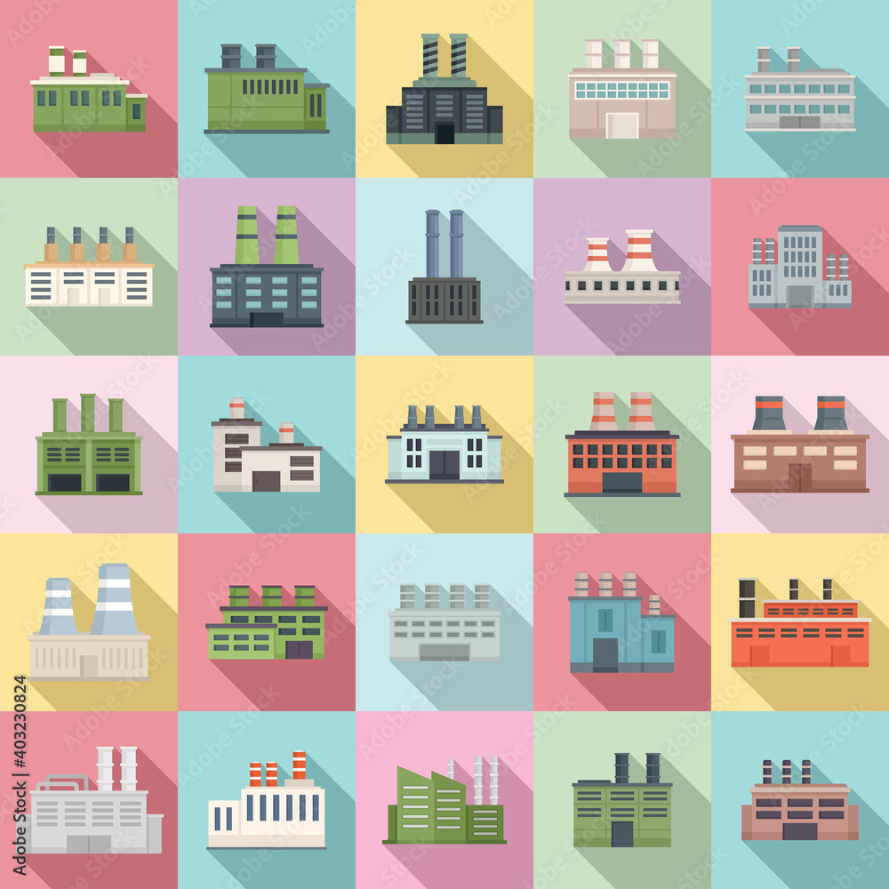 Recycle factory icons set. Flat set of recycle factory vector icons for web design