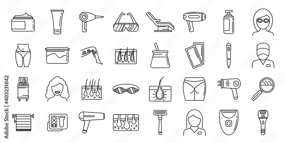 Modern laser hair removal icons set. Outline set of modern laser hair removal vector icons for web design isolated on white background