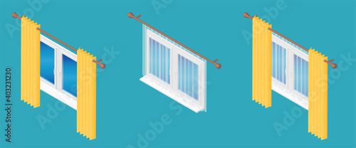 Isometric vector illustration realistic window decorated with transparent tulle and hanging curtains isolated on blue background. Set of various window treatments vector icons in flat cartoon style.