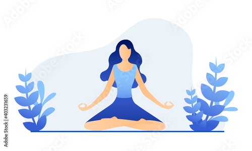 Illustration of a woman meditating in nature. Yoga class in quarantine. Concept for yoga, meditation, relaxation. Stock vector illustration EPS 10