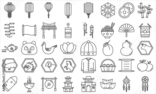 Chinese new year black outline traditional icon set. Included as firecracker, dragon, ox, lion, pig, plum, fan, noodle, lantern, lamp and more, vector eps 10.