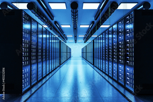 large modern data center with multiple rows of server racks, 3D Illustration