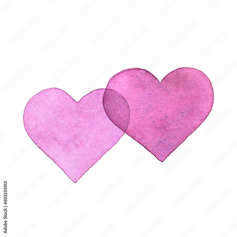 Two watercolor hearts. Hand-drawn illustration isolated on white background. Symbol love. Valentine's Day theme