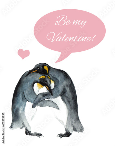 Cute watercolor penguins with an inscription about love. Illustration for your design for birthday  Valentine s Day and other holiday