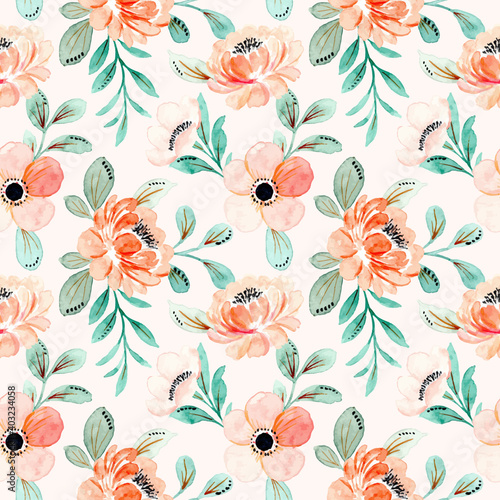 Seamless pattern with pink floral and green leaves watercolor