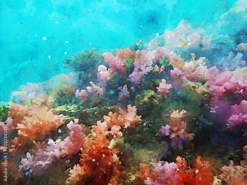 Obraz premium Colorful sea life, digital watercolor illustration