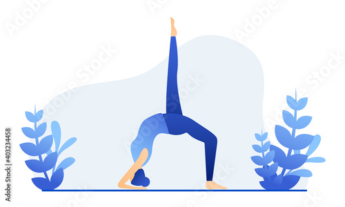 Illustration of a woman doing yoga in nature. Yoga classes in quarantine. The concept of yoga, meditation, relaxation. Stock vector illustration EPS 10