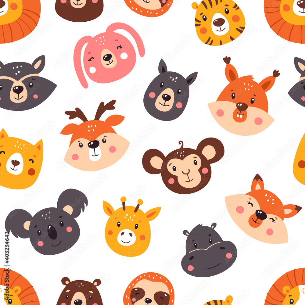 Naklejka premium Forest seamless pattern with cute animals. Pattern. Vector illustration isolated on white background.