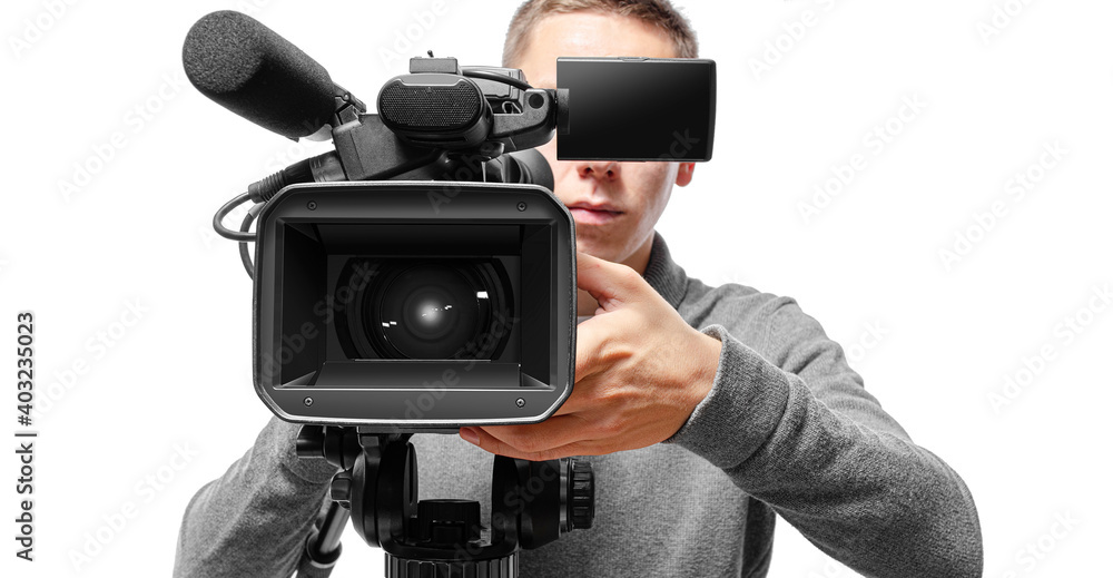 Professional cameraman isolated on a white background.