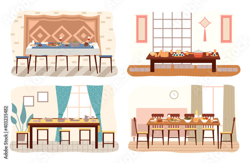 Set of dining room design flat vector. Dining table with food and chairs nearby. Furniture model for the interior of a room for dinner eating and spending time. Arrangement of furniture at home