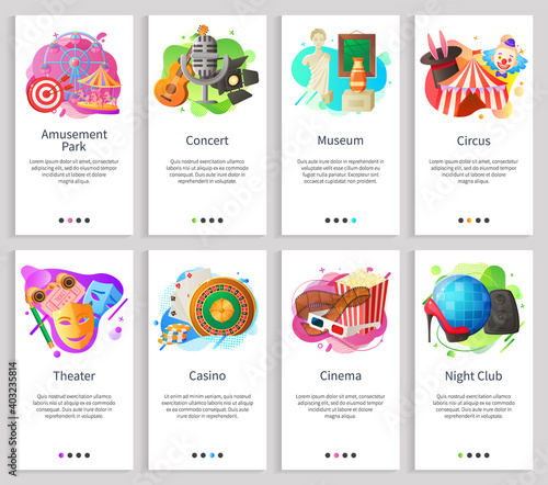 Theater and night club vector, circus and amusement park with ferris wheel, concert and museum, casino and cinema with popcorn and tickets. Website or slider app, landing page flat style