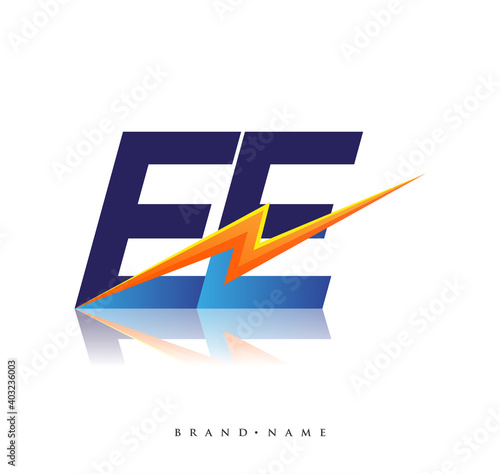 Letter EE logo with Lightning icon, letter combination Power Energy Logo design for Creative Power ideas, web, business and company.