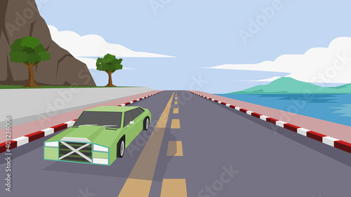 Travel of classic car green color driving on asphalt road. beside with mountain and sea beach. Under blue sky and white clouds.