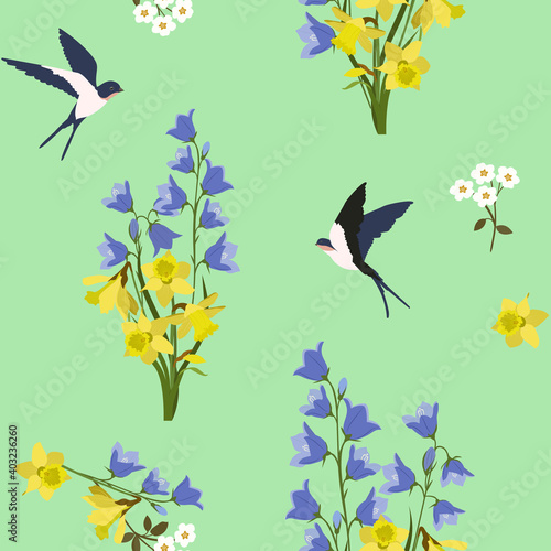 Seamless summer vector illustration with narcissus  campanula and swallows on a green background.