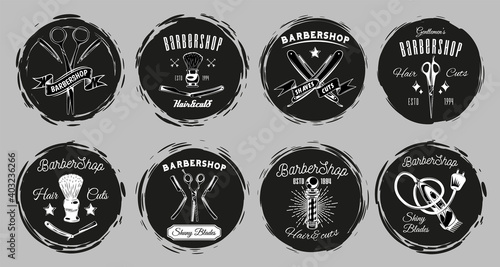Set of logotype for barbershop in vintage style. Barber shop logo flat vector design emblem with barber objects sign and lettering. Hairdressing salon signboard. Style haircut banner poster