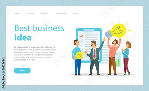 Landing page business site. Best business idea. People stands with conceptual light bulbs in hands, symbol of idea emergence. Motivator holds big winner bulb in hand. Large checklist, red check marker