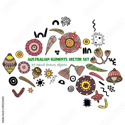 Australian vector objects set, 39 original elements isolated on white background. Stylized eucalyptus leaves and flowers, boomerang, aborigenal symbols. Nice concept to be used for pattern textile, wr