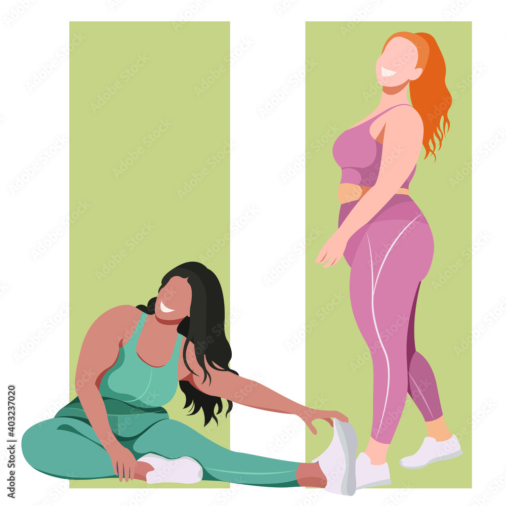 vector illustration on the theme of body positive. active cheerful active girls plus size in sports uniforms (leggings and sports bra). my body is my business. my body - my rules. love your body. vector illustration on the theme of body positive. active cheerful active girls plus size in sports uniforms (leggings and sports bra). my body is my business. my body - my rules. love your body.
