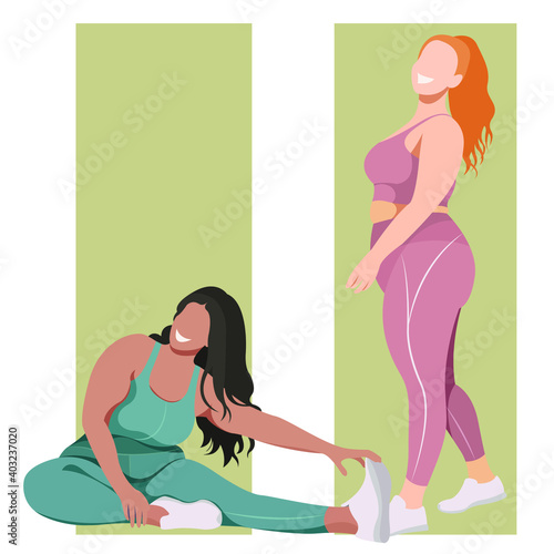 vector illustration on the theme of body positive. active cheerful active girls plus size in sports uniforms (leggings and sports bra). my body is my business. my body - my rules. love your body.