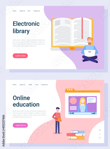 People distance studying, electronic library, online education. Person communication with e-book, web literature, reader with computer, knowledge vector. Landing page template, website or webpage