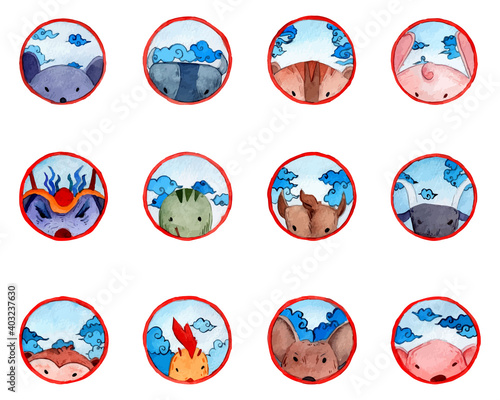 Asian zodiac animals watercolor illustration. Lunar new year aquarelle artworks set. Rat, Ox, Tiger, Rabbit, Dragon, Snake, Horse, Goat, Monkey, Rooster, Dog, Pig art. Cute decorative clipart. 
