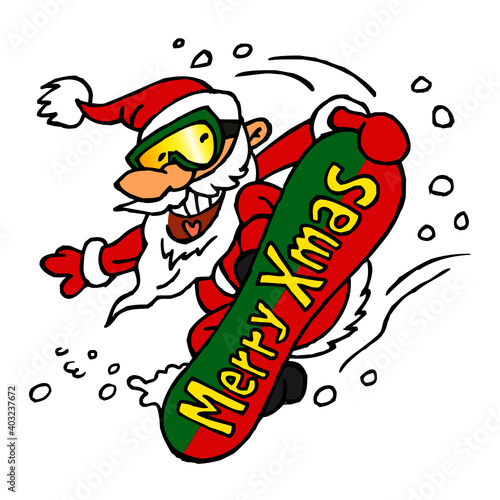 Santa Claus snowboarder jumps Big Air on snowboard with Merry Xmas sign, winter sport joke, color cartoon