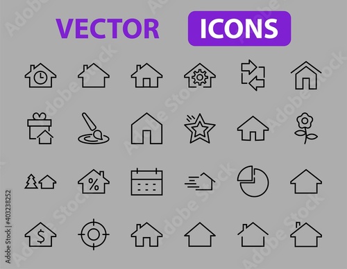 Simple set of line vector home icons. Contains house symbols at interest, infuse house and more. Editable stroke. 480x480 pixels perfect