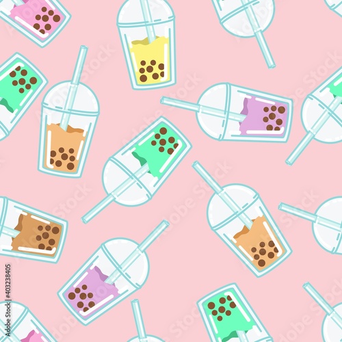 Bubble milk tea. A sweet cold drink with tapioca pearl balls. Asian street food from Taiwan. Assortment of different fruit flavors. Seamless background with pattern.
