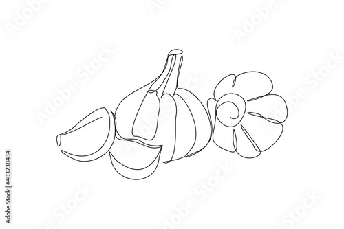 Continuous line drawing of whole healthy organic garlic for plantation logo identity. One line art of fresh cuisine seasoning concept for vegetable icon. Modern single line vector illustration