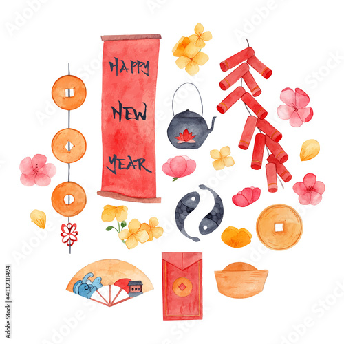 Lunar New year symbolic objects watercolor illustration. Decorative hand drawn elements. Coins, fishes, lucky money, firecrackers, cherry flowers and tea pots paintings. Colorful artworks. Asia theme.