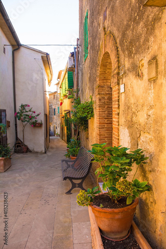 A street of historic stone buildings in the village of Montorsaio in Tuscany, part of Campagnatico in Grosseto province 