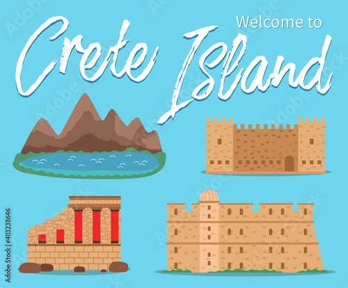 Crete island invitation card vector illustration. Architecture and attractions for tourists. Old buildings of ancient greece. Landscape with mountains and lake. Fortress isolated on blue background