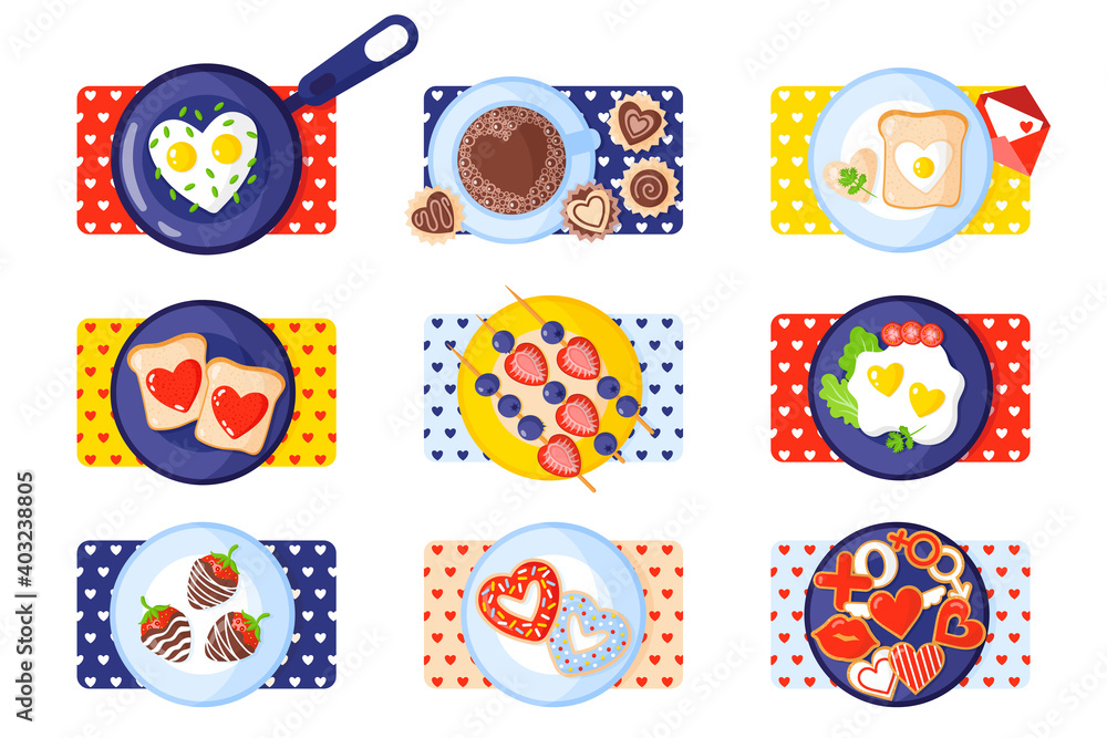 Valentine's Day breakfast set: toast, scrambled eggs, omelet, gingerbread, sweets, coffee, donuts, strawberries. Valentine's Day breakfast set: toast, scrambled eggs, omelet, gingerbread, sweets, coffee, donuts, strawberries.