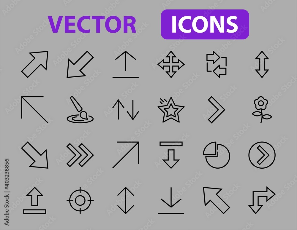 Set of line arrows, directions, arrows, contains icons such as pause, continuation, directly, to the right, Editable stroke. 480x480, On a white background, Vector illustration Set of line arrows, directions, arrows, contains icons such as pause, continuation, directly, to the right, Editable stroke. 480x480, On a white background, Vector illustration