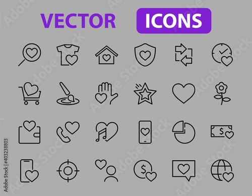  The set of icons about love contains such icons as love of music, declaration of love, heart, favorite home, Linear set. Vector on a white background. Editable stroke. 480x480