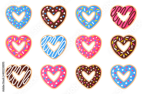 Set of Valentine's, Day heart shaped donuts with pink, blue and chocolate icing.