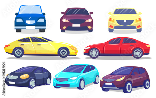 Set of colorful modern cars  automobiles from front and side. Vehicle of everyday using transport. Transportation  taxi. Comfortable auto for driving. Sedan or hatchback auto with tinted windows