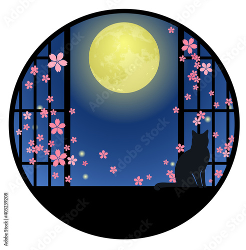 和風　窓　桜　猫　満月　シルエット　春　花　植物