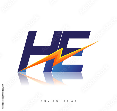 Letter HE logo with Lightning icon, letter combination Power Energy Logo design for Creative Power ideas, web, business and company.
