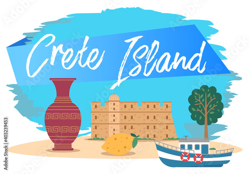Symbols of island Crete and attractions isolated on a blue background. Ancient buildings and pottery. Ship for travel by water. Landscape of greece territory with trees. Yellow lemon with a green leaf
