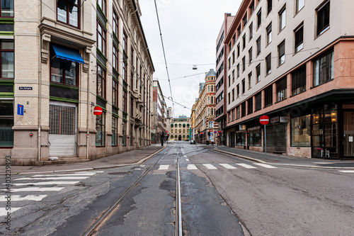 July 26, 2013. View of the streets of Oslo, Norway. Area of the center of Oslo. Tram tracks and pedestrian crossings on the street. Editorial
