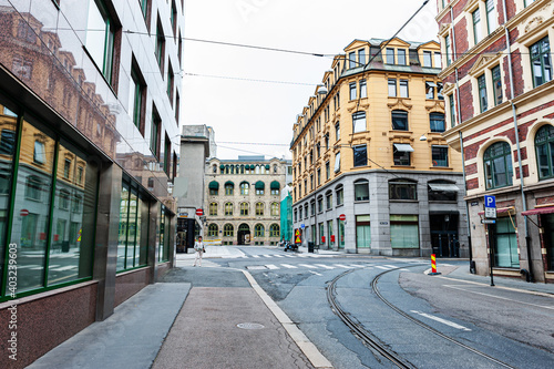 July 26, 2013. View of the streets of Oslo, Norway. Area of the center of Oslo. Tram tracks and pedestrian crossings on the street. 