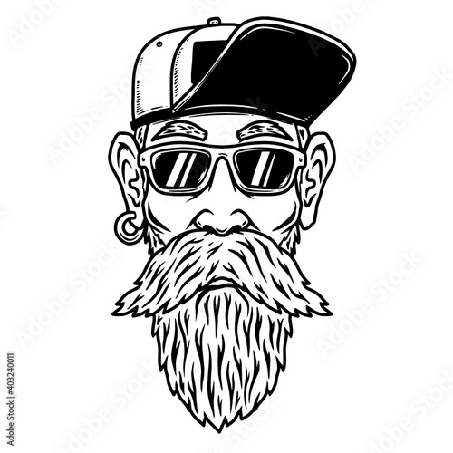 Illustration of a head of funny old biker. Design element for poster, card, banner, sign, emblem. Vector illustration