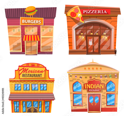 Fototapeta Naklejka Na Ścianę i Meble -  Pizzeria pizza house vector, isolated exteriors of eateries. Places to eat Indian and Mexican food and snacks, Italian meals and recipes, burger eatery