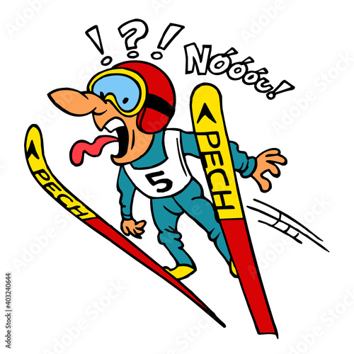Ski jumper flies through the air and screams in fear, color cartoon