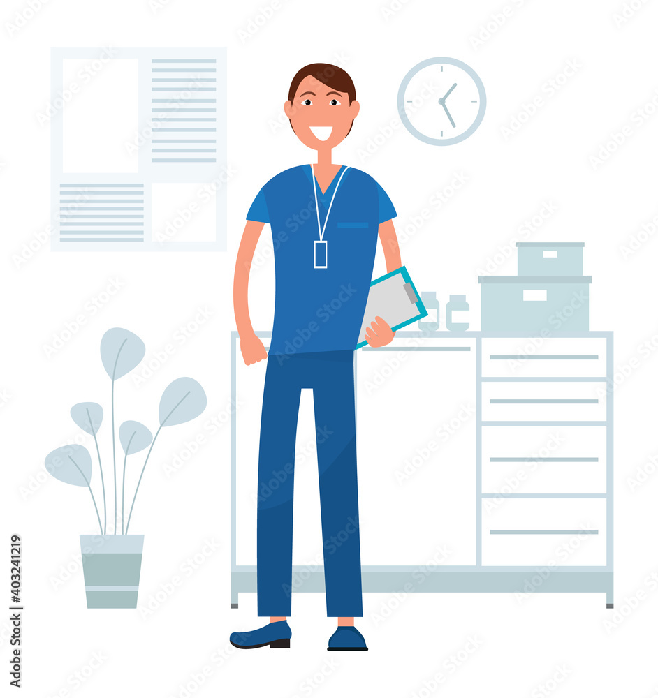 Handsome man is standing with a clipboard in his hands. Doctor with badge is working in the hospital. Male character stands with folder. Hospital worker spends time in the medical institution