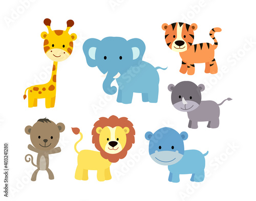 Fototapeta Naklejka Na Ścianę i Meble -  Cartoon animals. Cute elephant and lion, giraffe . wild animals vector set stock illustration