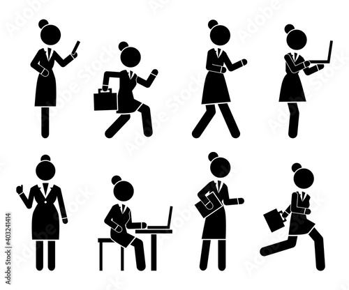 Set of business woman black silhouettes icons of different girls. Women in action. Lady dressed formally full length. Businesswoman activities at work. Positions and actions of a person. Modern woman