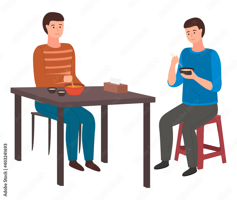 Young men eating rice with chopsticks. Male characters siting on a chair holding plate of rice in his hand and using chopsticks. Asian restaurant visitor dines national japanese food wooden chopsticks