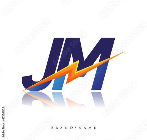 Letter JM logo with Lightning icon, letter combination Power Energy Logo design for Creative Power ideas, web, business and company.